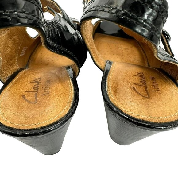 Clarks Artisan Black Patent Leather‎ Peep Toe Heels 9.5 - Picture 6 of 13